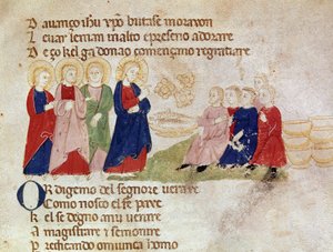 Rozmnożenie chleba i ryb Miniatura zaczerpnięta z „”Del novo e del vedre testamento”” Pietro da Barsegape (XIII w.) XIV w. Mediolan, Biblioteca Braidense autorstwa Italian School