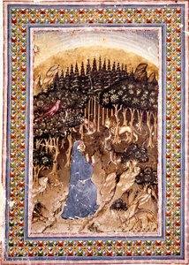 Poeta Dante trafia do ciemnego lasu. Obszerna strona pierwszej pieśni piekła czerpie z „Divina Commedia” (Boskiej Komedii) Dantego Alighieri (1265-1321). Rękopis Pani Conv. Sopr. 204 autorstwa Italian School