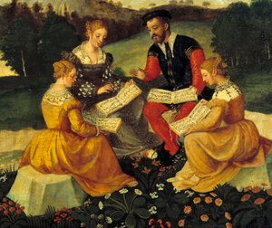 Koncert wokalny Malarstwo Szkoły Włoskiej. 16 wiek. Bourges, Hotel Lallemant - Koncert Bukoliczny. Malarstwo Szkoły Włoskiej. 16 wiek. Hotel Lallemant, Bourges, Francja autorstwa Italian School
