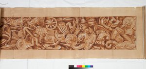 Three Drawings after the Antique, ok. 1750 (rysunek pędzlem wzmocniony brązowym rozmyciem nad słabym oznaczeniem czarną kredą) autorstwa Italian School