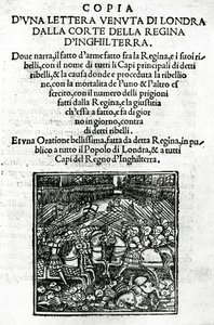 Strona tytułowa kopii listu wysłanego z dworu królowej Anglii (drzeworyt i typografia)