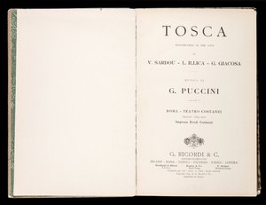 Strona tytułowa, Libretto della Tosca, Giacomo Puccini, wydanie Ricordi, Włochy autorstwa Italian School