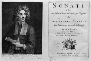 Strona tytułowa Sonate a Tre z portretem Arcangelo Corelli (1653-1713) autorstwa Italian School