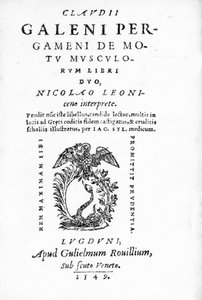 Strona tytułowa dzieła Claudiusa Galena Pergameni De Motu Musculi Libri Duo, zbioru dzieł Claudiusa Galena, wydanego w 1549 r. (druk) autorstwa Italian School