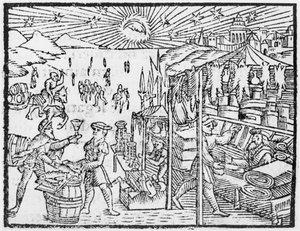 Handel w Skandynawii, ilustracja z Historii Narodów Północy Olausa Magnusa (1490-1558), opublikowana w Rzymie, 1555 autorstwa Italian School