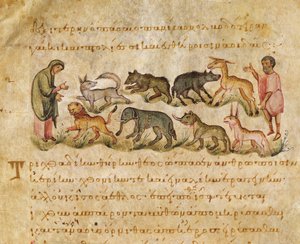 Traktat o wielu gatunkach zwierząt zamieszkujących ziemię, ilustracja z Cynegetyki autorstwa Oppiana (tempera na welinie) autorstwa Italian School