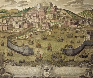 Triest miasto i jego wolny port, kolorowy grawer, Włochy autorstwa Italian School