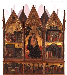 Tryptyk: Madonna z Dzieciątkiem na tronie otoczony scenami z życia św. Bartłomieja z panelem predelli ze scenami z życia Chrystusa, Szkoła Marszowa autorstwa Italian School