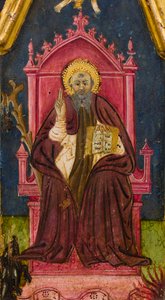 Tryptyk: Święty Antoni Opat na tronie, Święty Paweł Pustelnik i Święty Onofriusz, detal, połowa XIV wieku (tempera na panelu) autorstwa Italian School