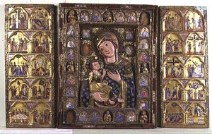 Tryptyk Madonna z Dzieciątkiem z Ewangelistami, Prorokami i scenami z życia Chrystusa (drewno, srebrny filigran i emalia) autorstwa Italian School
