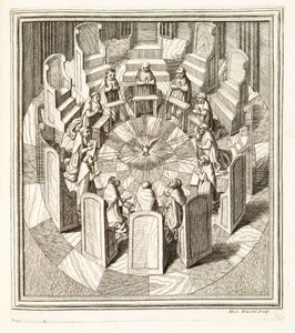 Dwunastu Sędziów Roty modlących się w okrągłej sali otaczającej Ducha Świętego, wyd. 1717 (grawerowanie) autorstwa Italian School