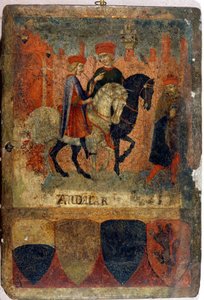 Dwóch inspektorów podatkowych. Biccherna (okładka księgi rachunkowej miasta Siena). Archiwum Narodowe - Museo delle Tavolette de Bicherna, Siena. Koniec XIV - początek XV wieku. autorstwa Italian School