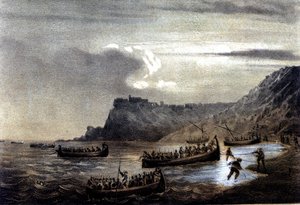 Zjednoczenie Włoch: wyprawa Tysiąca lub Czerwonych Koszul kierowana przez Giuseppe Garibaldiego (1807-1882). Wylot pierwszej floty Garibaldian w kierunku Kalabrii w Forcie Stella. Litografia XIX wieku autorstwa Italian School