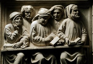 Nauczanie uniwersyteckie: studenci Szczegół. Płaskorzeźba z polichromowanego kamienia z grobowca Lorenzo del Pino, prawnika i wykładowcy prawa Uniwersytetu Bolońskiego, wykonana przez warsztat Dalle Masegne (koniec XIV wieku). ok. 1395 D autorstwa Italian School