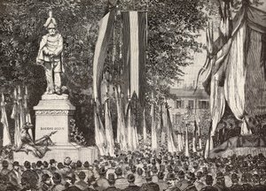 Odsłonięcie pomnika generała Giacomo Medici, Mediolan, Włochy, rycina z rysunku Edoardo Ximenesa z fotografii Rossi, z L