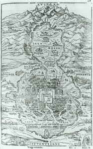 Widok od północy azteckiego miasta Tenochtitlan, z Relatione della Citta del Temistitan autorstwa Giovanniego Battisty Ramusio (1485-1557) opublikowany w Wenecji 1606 autorstwa Italian School