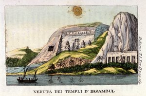 Widok świątyni Abu Simbel. Autor Giovanni Battista (Gianbattista) Belzoni (1778-1823), włoski badacz i archeolog, dokonał ważnych odkryć archeologicznych w Egipcie. Grawerowanie — w „”Viaggio in Egitto e in Nubia”” firmy Belzoni, Mediolan autorstwa Italian School