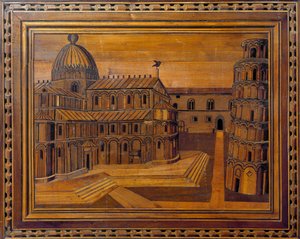 Widok katedry w Pizie (Duomo di Santa Maria Assunta di Pisa) i Krzywej Wieży (wisiorek Torre) na Placu Cudów (Piazza dei Miracoli) Intarsja z XV wieku. Zachowane w prezbiterium katedry, Pisa autorstwa Italian School