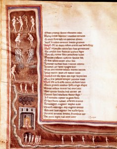 Widok na Zaświaty, postacie i potwory, dusze wędrujące w kręgach podziemi, ilustracja do Herkulesa Wściekłego Seneque (Miniatura autorstwa Italian School