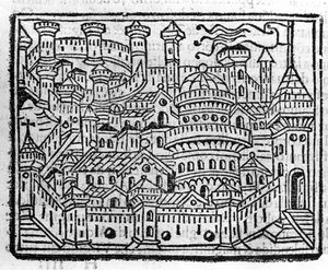 Widok na miasto Aosta we Włoszech. Grawer w „Dodatku do kroniki” autorstwa Fra Jacopo Filippo Foresti, Wenecja autorstwa Italian School