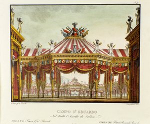 „Widok na obóz wojskowy Edwarda III, króla Anglii, w 1347 r. podczas wojny stuletniej”, scenografia do opery „Assedio di Calais” (Oblężenie Calais) Gaetano Donizettiego autorstwa Italian School