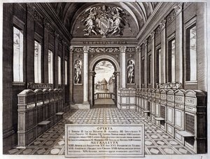 Widok na muzeum Michele Mercati (1541-1595), zarządcy Watykańskiego Ogrodu Botanicznego. Grawerowanie z „”Metallotheca...” Rzym 1717 - 1719 autorstwa Italian School