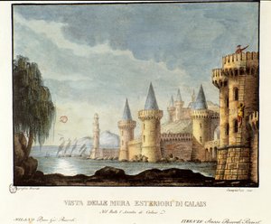 „Widok na mury obronne Calais w 1347 roku podczas wojny stuletniej”, scenografia do opery „Assedio di Calais” (Oblężenie Calais) Gaetano Donizettiego autorstwa Italian School