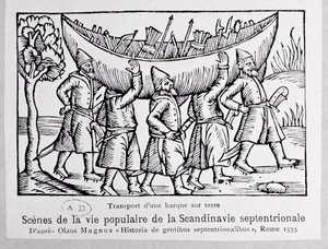 Wikingowie niosący łódź do Rosji, ilustracja z Historii narodów północnych autorstwa Olausa Magnusa (1490-1558), opublikowana w Rzymie, 1555 autorstwa Italian School