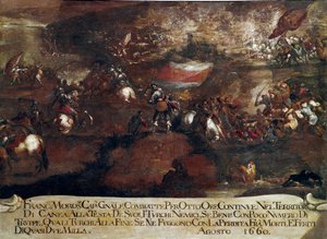 Wojna o Candia (Kreta): „”Bitwa o Chanię prowadzona przez Francesco Morosiniego (1619-1694) w sierpniu 1660” (Wojna kreteńska (1645-69): szturm na Caneę pod dowództwem Francesco Morosiniego w sierpniu 1660) Szkoła wenecka autorstwa Italian School