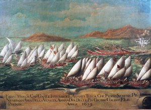 Wojna o Candia (Kreta): flota wenecka podczas kampanii prowadzonej przez dożę Francesco Morosiniego przeciwko Turkom w 1659 r. Obraz szkoły weneckiej. XVII wiek - Wenecja, Muzeum Correr autorstwa Italian School