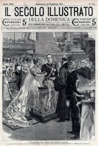 Ślub królowej Wilhelminy Holandii i księcia Henryka Mekleburga 1901 - Ślub królowej Wilhelminy Holandii (1880-1962) i księcia Henryka Mekleburga Schwerin (1876-1934) - okładka „Il secolo illustrato” z dnia 24 lutego autorstwa Italian School