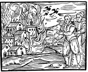Czarownice niszczące dom przez pożar, Szwabia w 1533, ilustracja z Compendium Maleficarum autorstwa Francesco Marii Guazzo, 1608 autorstwa Italian School