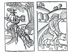 Czarownice przebrane za zwierzęta na miotle (po lewej) i wiedźma na wilku (po prawej), kopie ilustracji z Compendium Maleficarum autorstwa ks. M. Guaccius, Mediolan 1608, wykorzystanych w Historii magii autorstwa Italian School