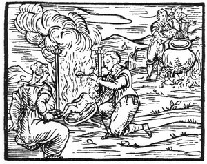 Czarownice piekące i gotujące niemowlęta, kopia ilustracji z Compendium Maleficarum autorstwa ks. M. Guaccius, Mediolan 1608, używanej w Historii magii, opublikowanej pod koniec XIX wieku autorstwa Italian School