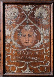 Drewniana tablica ozdobna z twarzą i napisem "Santa Maria delle Gracia", zakrystia del bramante 1429-1481 Basilica di Santa Maria delle Grazie Mediolan (drewniana ławka ozdobiona twarzą i napisem "Santa Maria delle Gracia", zakrystia Bramante autorstwa Italian School