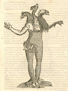 ilustracja przedstawiająca trójgłowego potwora z głową lisa, smoka i orła z Aldrovandis History of Monsters, 1642 autorstwa Italian School