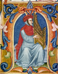 portret Francesco Landiniego lub Landino grającego na organach (1325 1397) Włoski kompozytor, organista, śpiewak, poeta. Miniatura Kodeksu Squarcialupi z XV wieku. Firenze, Biblioteka Laurenziana, Pani Med. Kumpel. 87. autorstwa Italian School