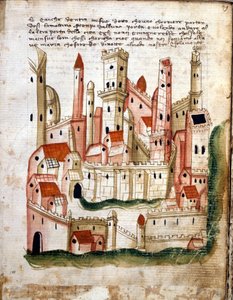 Widok Jerozolimy z Libro dOltramare autorstwa Niccolo da Poggibonsi (pióro i atrament oraz tempera na welinie)