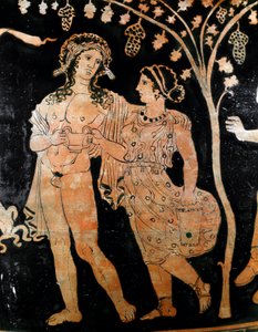 Fragment wazonu z Ruvo w Apulii (Apulia) przedstawia parę młodych małżeństw. W dłoniach trzymają kielich z winem. IV wiek pne. Museo Archeologico Nazionale Neapol autorstwa Italic