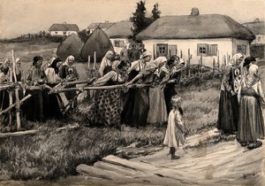 Religijna procesja cholery w wiejskiej Rosji z serii akwareli Rosyjska rewolucja,