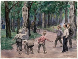 Zawody sportowe w Ogrodzie Cesarskim, Sankt Petersburg (dzieci rzucają kamieniami w posąg nagiej kobiety) - Zawody sportowe w Ogrodach Cesarskich: Piotrogród, lipiec 1921 (z serii akwareli Rewolucja Rosyjska) - Władim autorstwa Ivan Alexeyevich Vladimirov