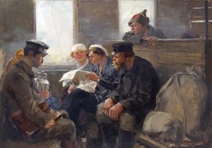 Grupa bolszewików w pociągu Władimira Iwana Aleksiejewicza (1869-1947). Olej na drewnie autorstwa Ivan Alexeyevich Vladimirov