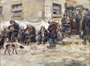 Głodne lata w Piotrogrodzie. „Wspólna jadalnia” Władimira Iwana Aleksiejewicza (1869-1947). Akwarela, gwasz na papierze. Prywatna kolekcja autorstwa Ivan Alexeyevich Vladimirov