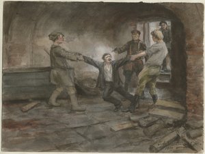 Przetrzymywany i stracony mężczyzna z serii akwareli Rosyjska rewolucja, 1919 autorstwa Ivan Alexeyevich Vladimirov