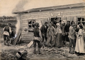 Scena przy baraku cholery z cyklu akwareli Rewolucja rosyjska, ok. 1900 r. 1920 autorstwa Ivan Alexeyevich Vladimirov
