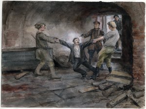 Un detenu emmene pour etre execute - Człowiek zatrzymany i stracony (z serii akwarel Rewolucja rosyjska) - Władimir Iwan Aleksiejewicz (1869-1947) - 1919 - Akwarela na papierze - 25,7x34,5 - Kolekcja prywatna autorstwa Ivan Alexeyevich Vladimirov