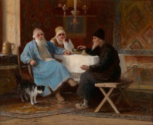 „Rozmowa” Trzy postacie przy stole - Obraz Iwana Andriejewicza Pielewina (1840-1917) 1909 Wym. 15x20 cm Kolekcja prywatna autorstwa Ivan Andreevich Pelevin