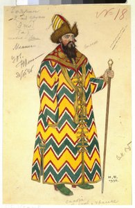 Boyard (board, boyard). Kostium do opery „Opowieść o carze Saltanie” Mikołaja (Nikołaja) Rimskiego Korsakowa (Rimskiego-Korsakowa) (1844-1908). Praca Ivana Yakovlevicha Bilibina (Bilibine) (1876-1942), akwarela na papierze autorstwa Ivan Yakovlevich Bilibin