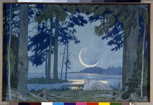 Światło księżyca nad jeziorem Ilmen. Scenografia do opery Sadko Mikołaja (Nikołaja) Rimskiego Korsakowa (Rimski-Korsakow) (1844-1908) (Noc nad jeziorem Ilmen. Scenografia do opery Sadko N. Rimskiego-Korsakowa (Rimski Korsakow). Dzieło Iwana Jakuba Bilibi autorstwa Ivan Yakovlevich Bilibin