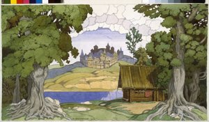 Wystrój do opery „Grób Askolda” Aleksieja Wiertowskiego (1799-1862). Praca Ivana Yakovlevicha Bilibin (Bilibin) (1876-1942), akwarela na papierze autorstwa Ivan Yakovlevich Bilibin